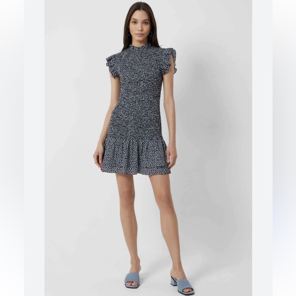 French Connection Elao Verona Navy Floral Print Smocked Crepe Dress Large NWOT